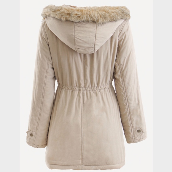Hooded Faux Fur Drawstring Taupe Parka Jacket - Picture 2 of 11